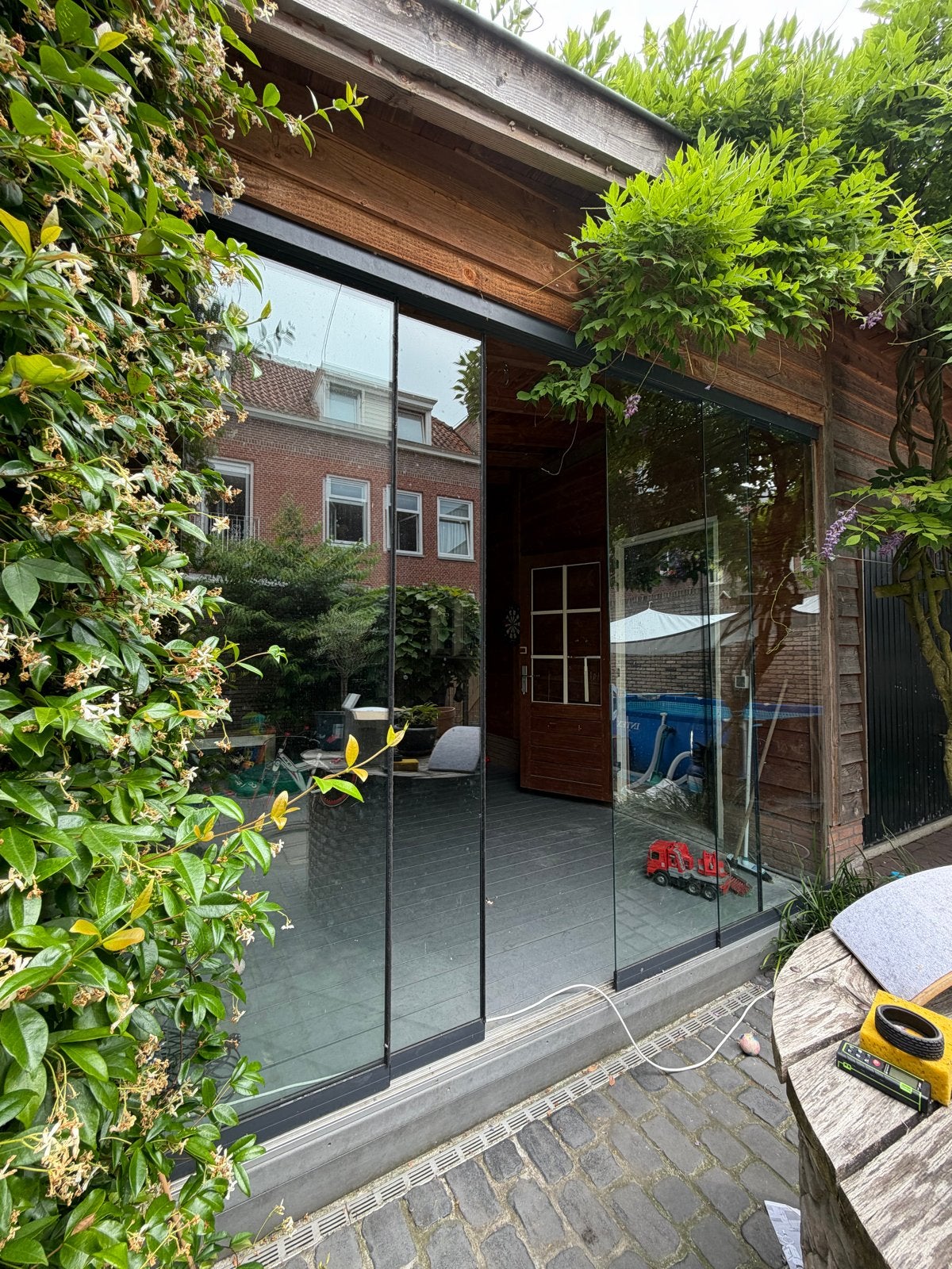 Glazen schuifwand voor terras of overkapping, Ophalen, Gevelraam of Ruit, Gebruikt, 160 cm of meer