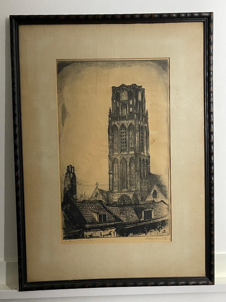 Laurenskerk Rotterdam - ets van Adrianus van der Meulen, Ingelijst, Stadsgezicht, 27 cm, 1950 - 1999