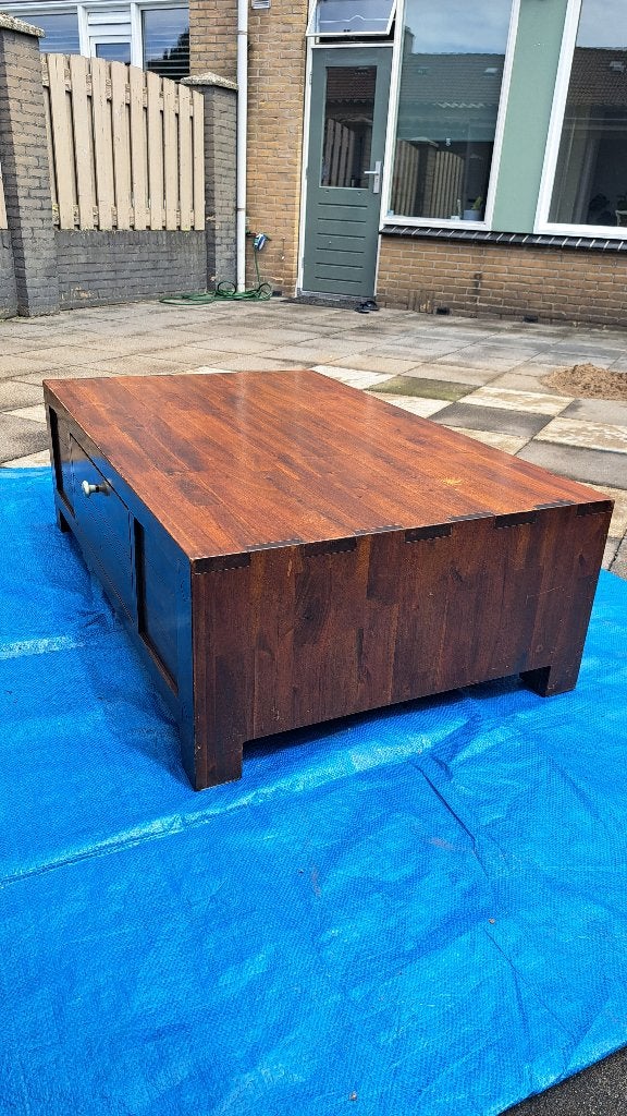 Koloniale massief houten salontafel met lade 125x79x40, Ophalen, Gebruikt, 100 tot 150 cm, 50 tot 100 cm