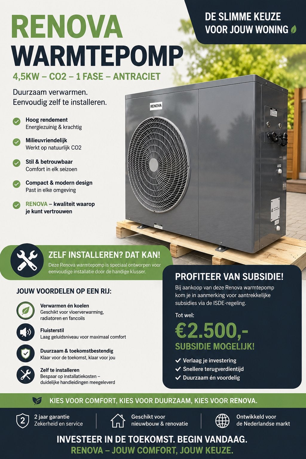 Renova Warmtepomp 4.5kW - Duurzaam en Zelf te Installeren, Doe-het-zelf en Verbouw, Verwarming en Radiatoren, Hoog rendement (Hr)