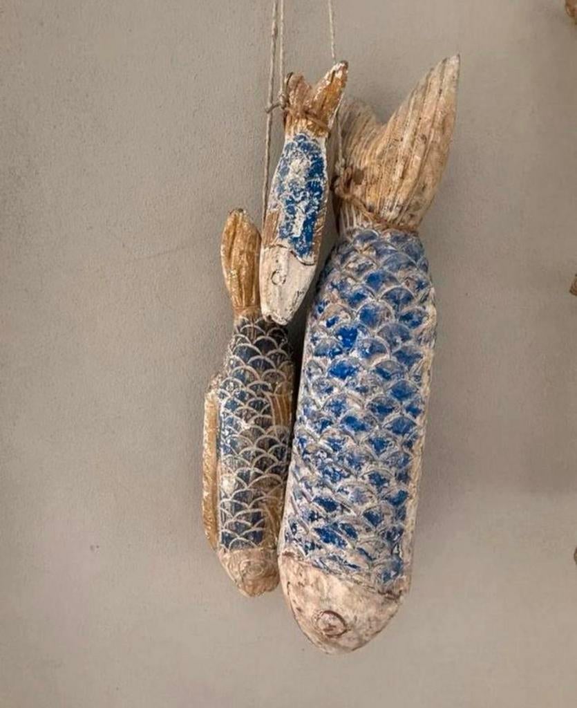 Set van 3 oude landelijke zware houten unieke vissen, Ophalen, Nieuw