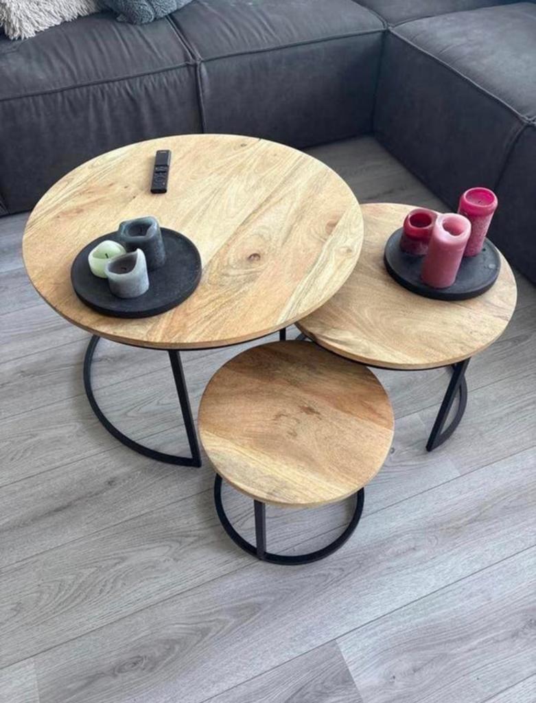 Stijlvolle Mango Houten Salontafel Set - 3 Stuks, Huis en Inrichting, Tafels | Salontafels, Ophalen, Rond, 50 tot 100 cm, Zo goed als nieuw