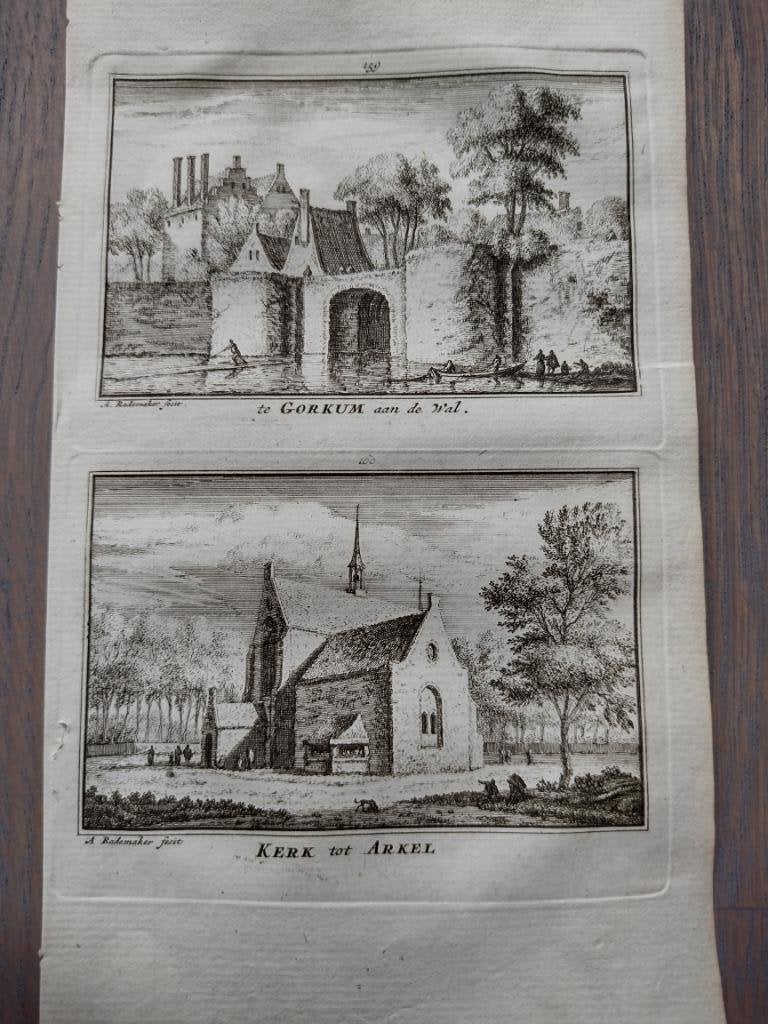 159/160 Arkel de kerk en Gorinchem Kopergravure 18e Eeuw, Antiek en Kunst, Kunst | Etsen en Gravures, Ophalen of Verzenden