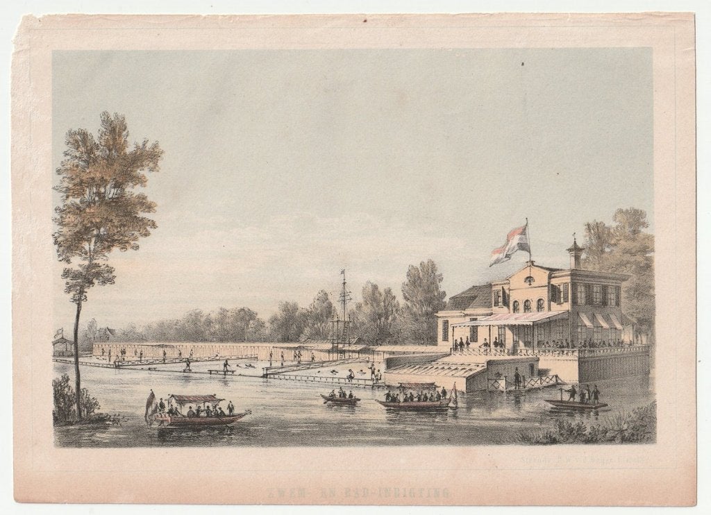 Utrecht zwem- en bad-inrichting steendruk P.W. van de Weijer, Gebruikt, Verzenden, Voor 1940, Prent