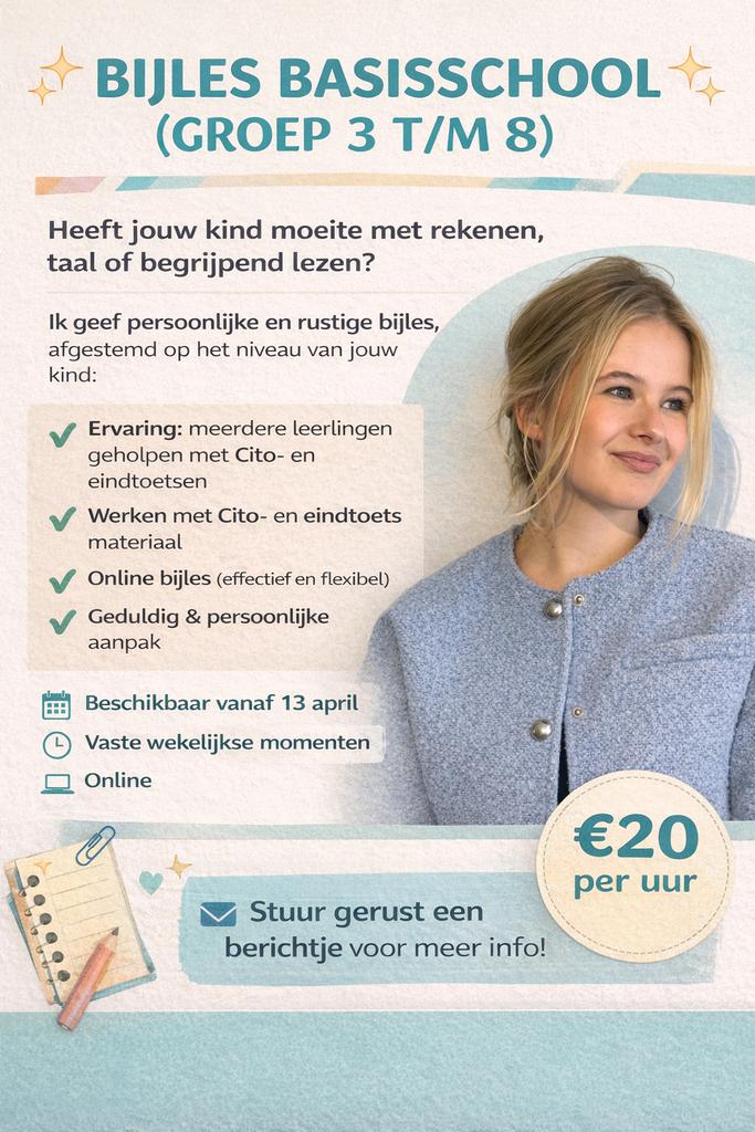 Bijles basisschool (groep 3-8) | Ervaren | €20 p/u | Online, 33 - 40 uur, Overige vormen