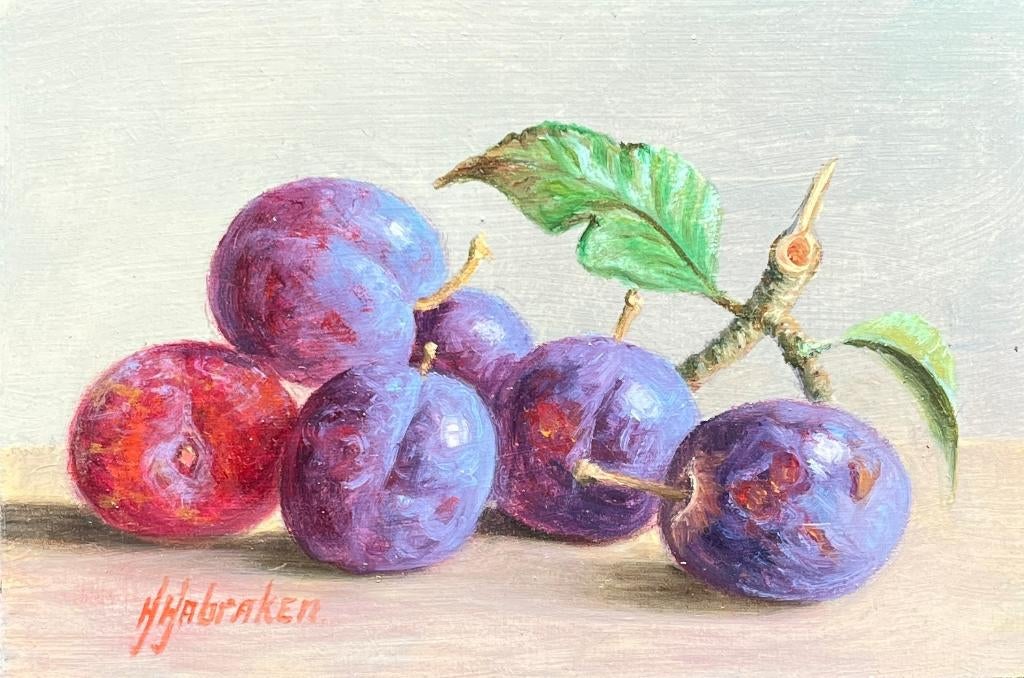 Schilderij pruimen in een schaal en op tafel. Hans habraken., Ophalen of Verzenden