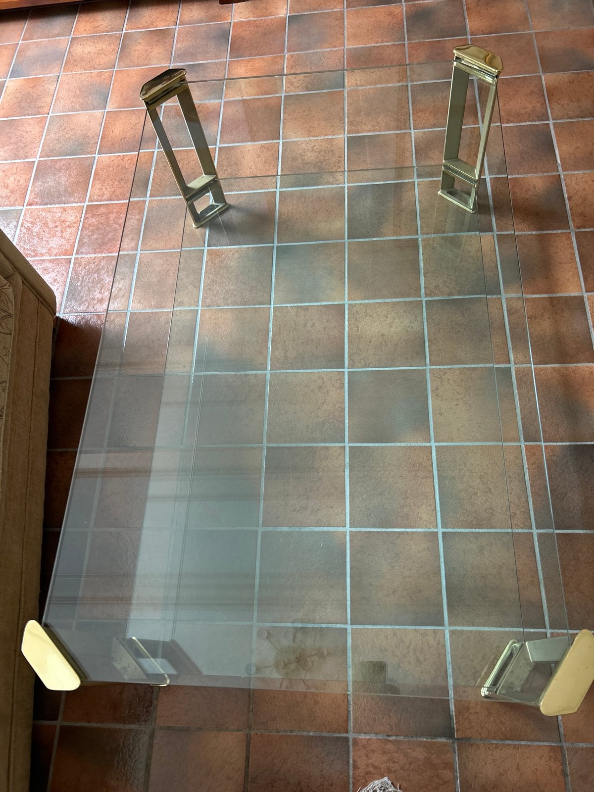Glazen salontafel met koperen poten - 80x130cm, Huis en Inrichting, Tafels | Salontafels, Ophalen, Gebruikt, 100 tot 150 cm, 50 tot 100 cm