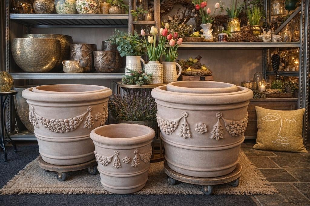 Terracotta buitenpotterie florentine met druivenrank, Tuin en Terras, Ophalen, Overige materialen, Rond, Nieuw