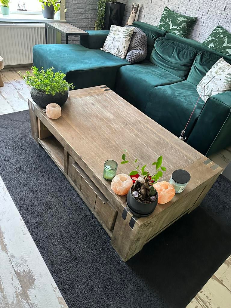 Robuuste houten salontafel met opbergruimte, Ophalen, Indistrieel modern, 100 tot 150 cm, 50 tot 100 cm