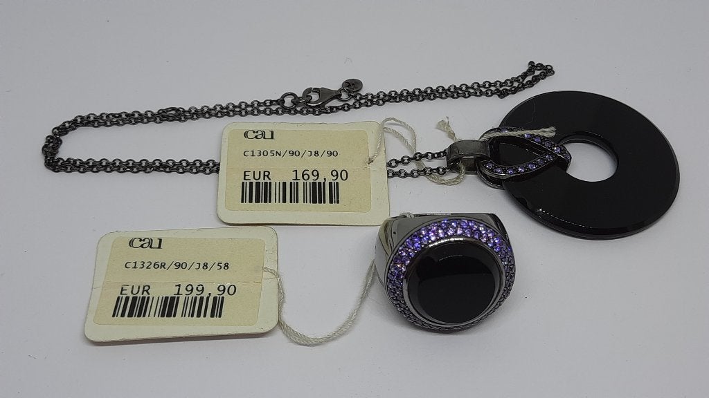 Cai Ring en Ketting Set 925 Donker Zilver, Met hanger, Gebruikt, Zwart, Ophalen of Verzenden