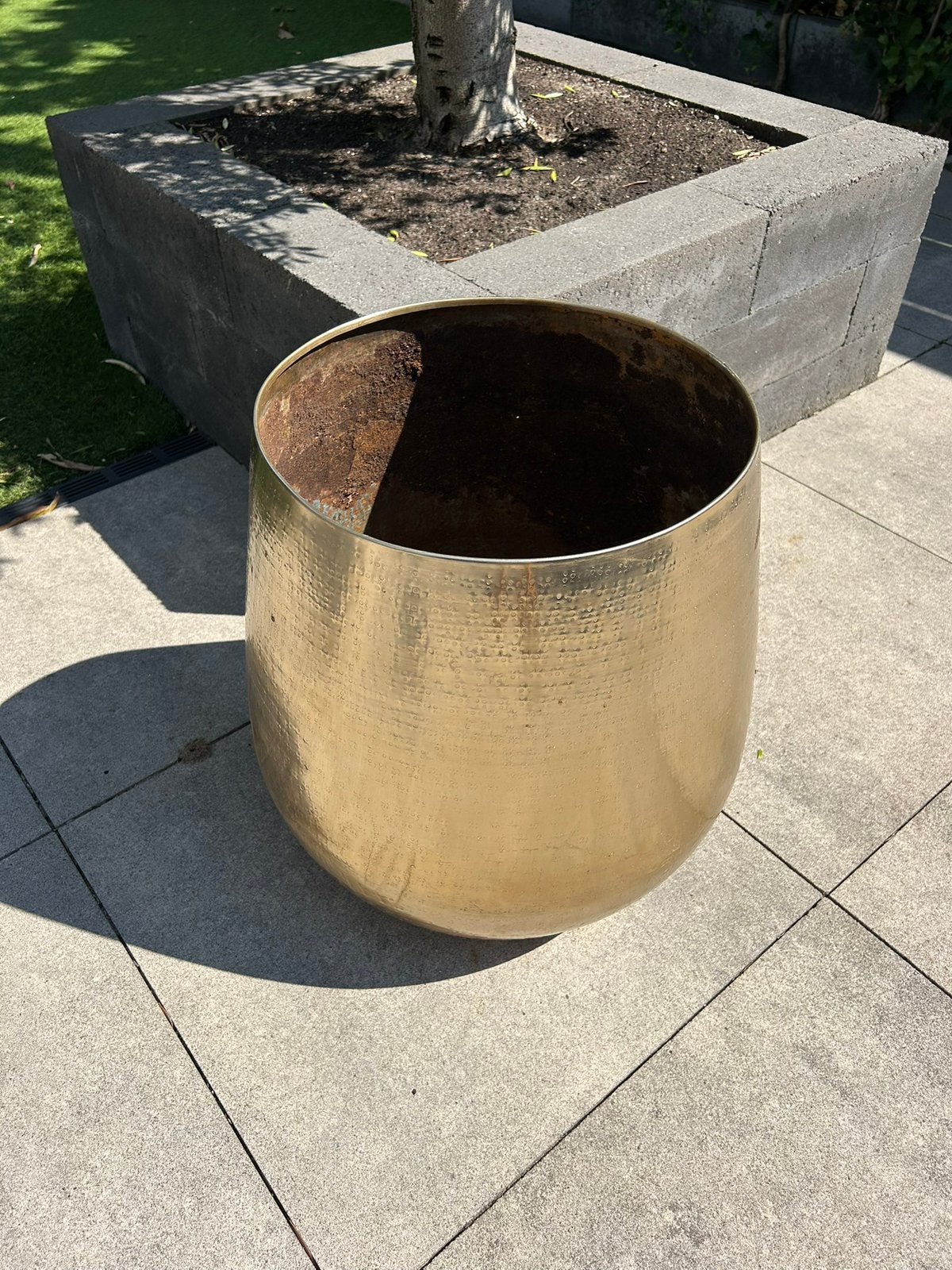 Grote gouden bloempot metaal, 52 cm hoog, 160 cm omtrek, Ophalen, Gebruikt, Rond, Metaal