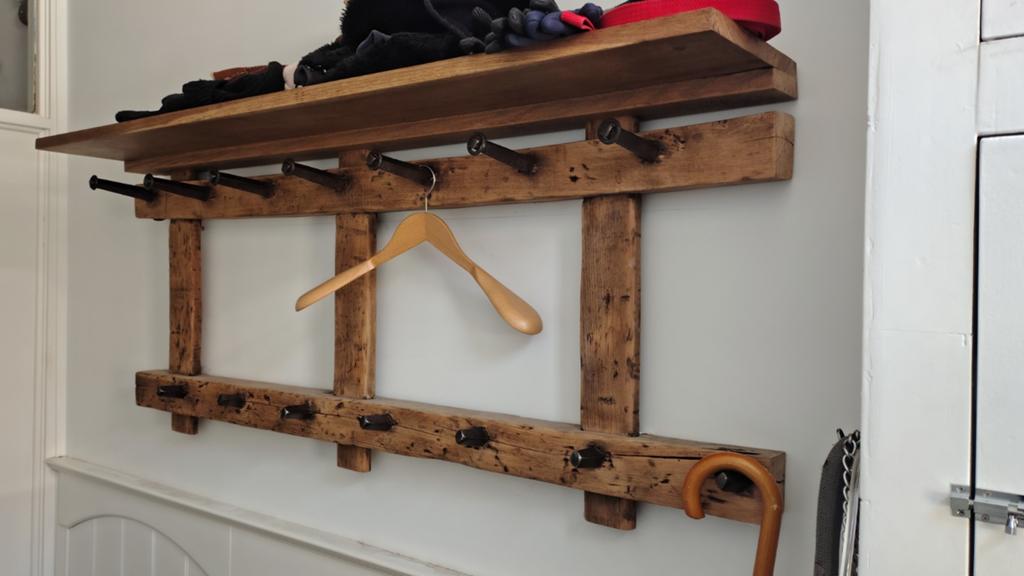 Robuuste eikenhouten kapstok smeedijzeren 14 haken, Huis en Inrichting, Wandkapstok, Gebruikt, Ophalen of Verzenden, Minder dan 100 cm