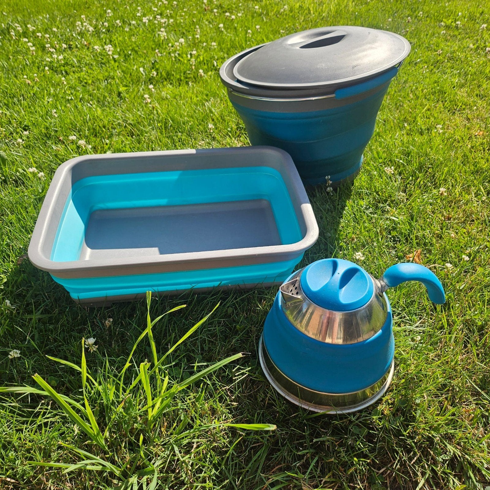 Opvouwbare kampeerkeuken set: afwasbak, emmer en, waterketel, Ophalen, Gebruikt