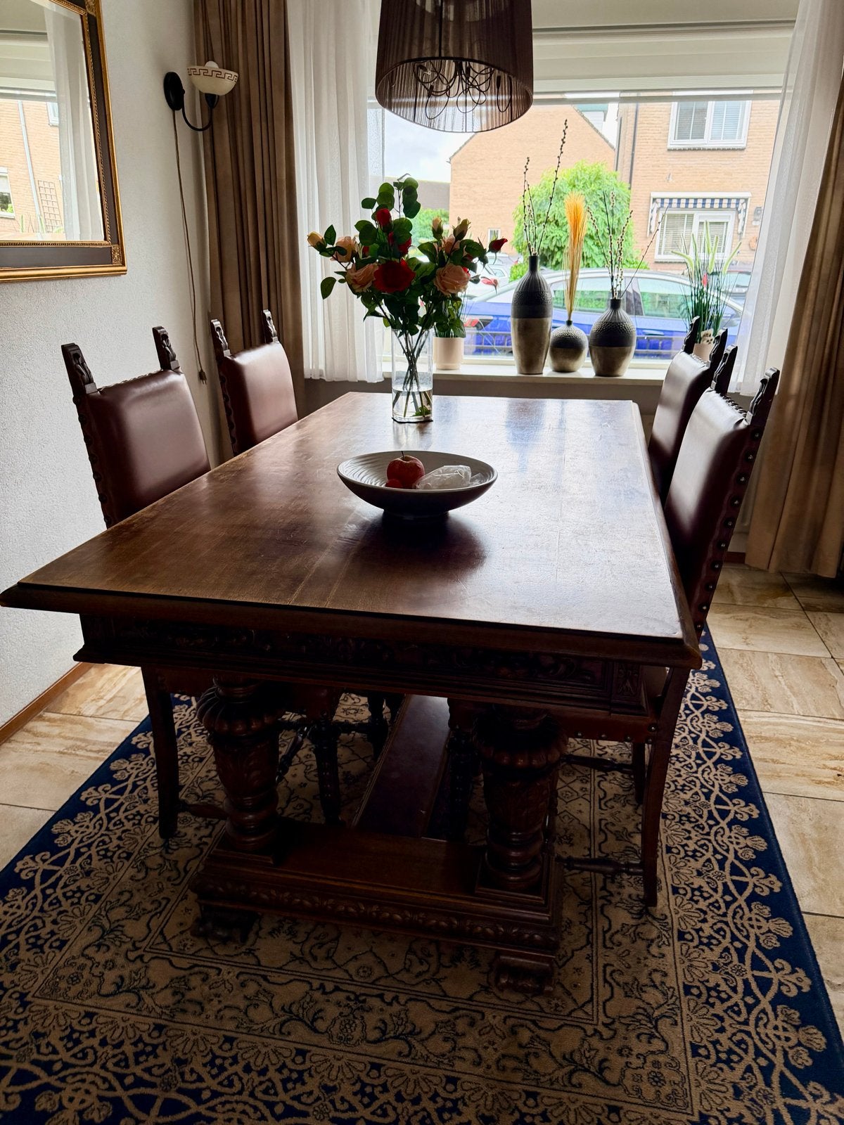 Antieke eettafel met 6 stoelen en uitschuifbare lades, Antiek en Kunst, Ophalen