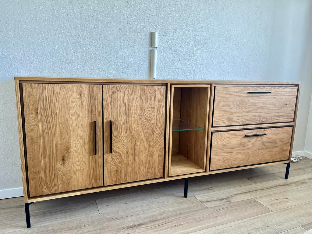 Ravenna Eiken Dressoir Kast - 2 Deuren, 2 Lades, Ophalen, Eikenhout, Zo goed als nieuw, 200 cm of meer
