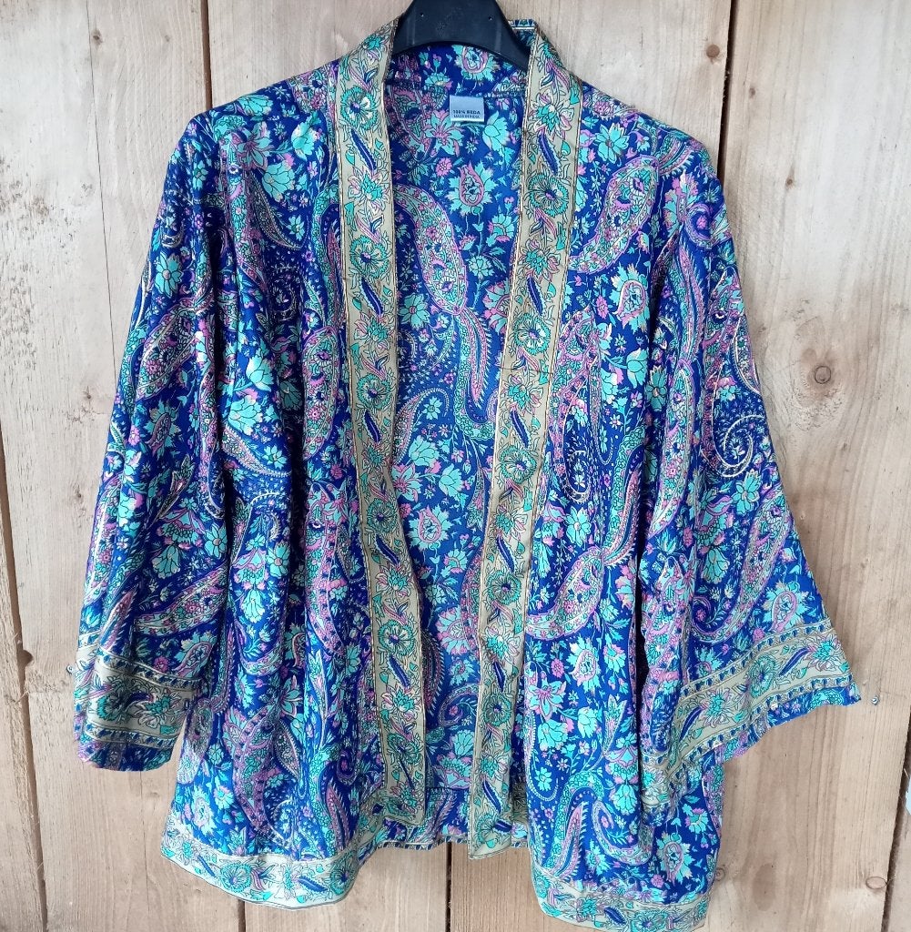 Zijden Boho stijl paisley kimono blauw, Verzenden, Zo goed als nieuw, Maat 38/40 (M), Blauw
