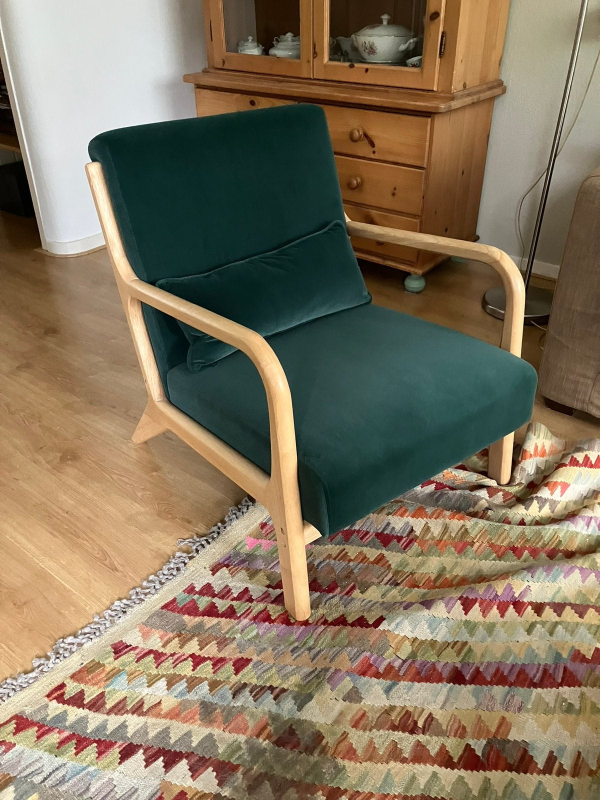 Groene Fauteuil met Houten Frame Woood, Huis en Inrichting, Fauteuils, Ophalen, Gebruikt, Hout, 75 tot 100 cm