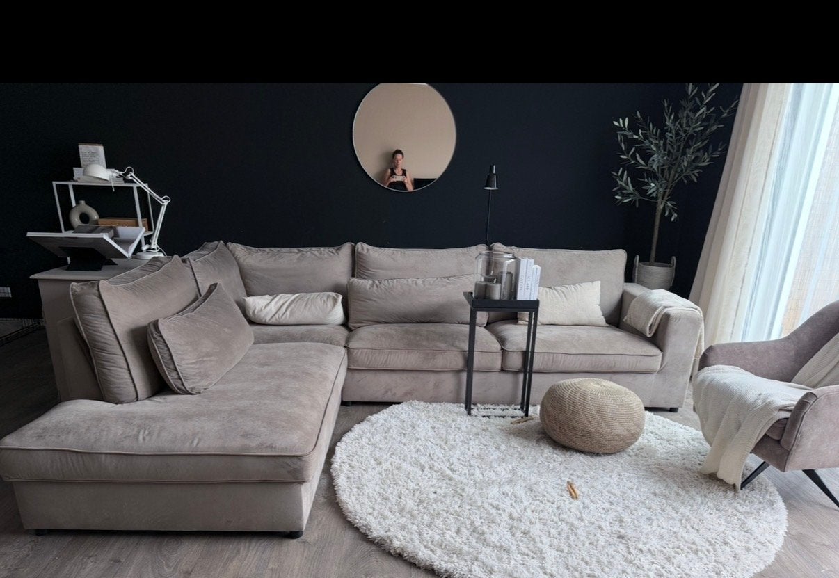 Grote hoekbank met chaise longue, taupe, Huis en Inrichting, 250 tot 300 cm, Gebruikt, Hoekbank, Vierpersoons of meer