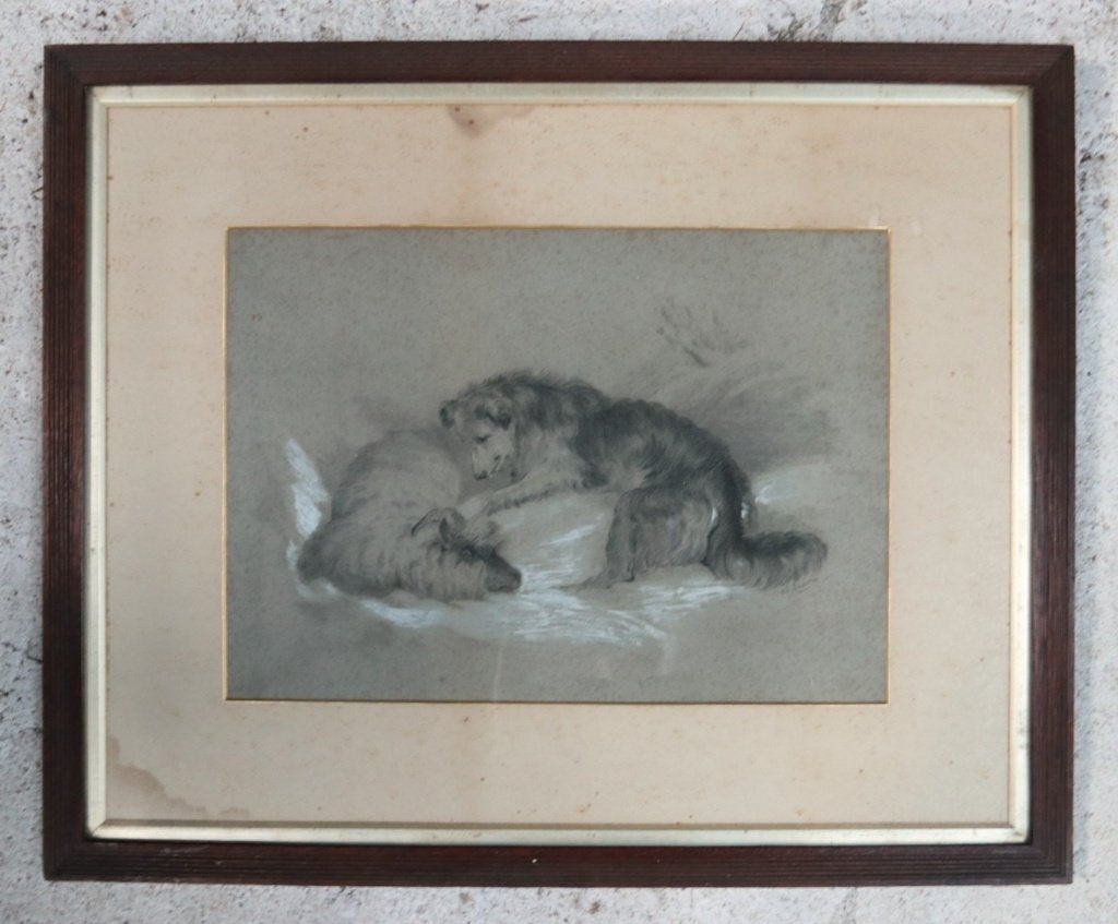 Tekening herdershond met schaap in sneeuw naar Landseer, Antiek en Kunst, Ophalen, Tekening, Houtskooltekening, Gesigneerd