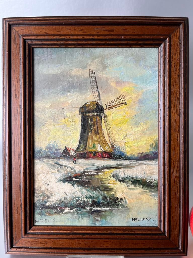 Oud schilderijtje op hout: Piet v Beek, molen, Holland, Antiek en Kunst, Kunst | Schilderijen | Klassiek, Ophalen of Verzenden