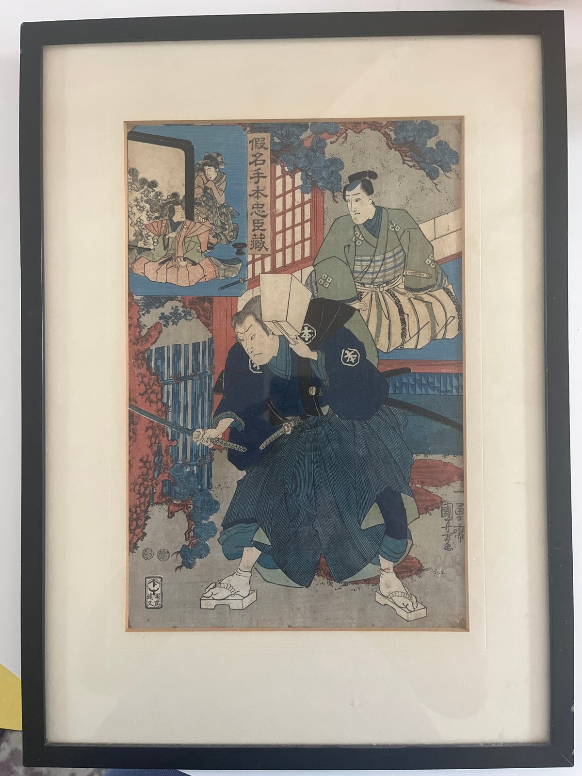 Ingelijste Japanse Houtsnede - Samurai, Schilderij, Ingelijst, Ophalen of Verzenden, Papier/karton
