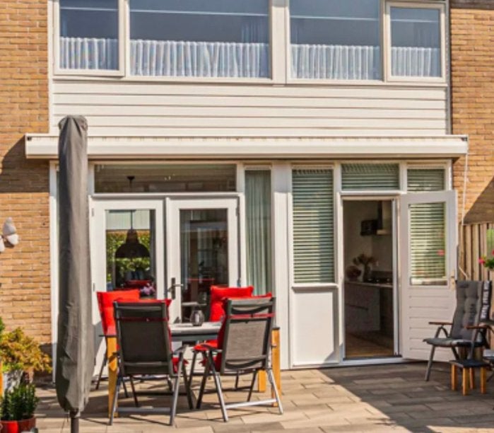 Sunmaster knikarmscherm handmatig 5,50 meter, Tuin en Terras, Zonneschermen, Ophalen, Gebruikt, 450 cm of meer, 150 tot 300 cm