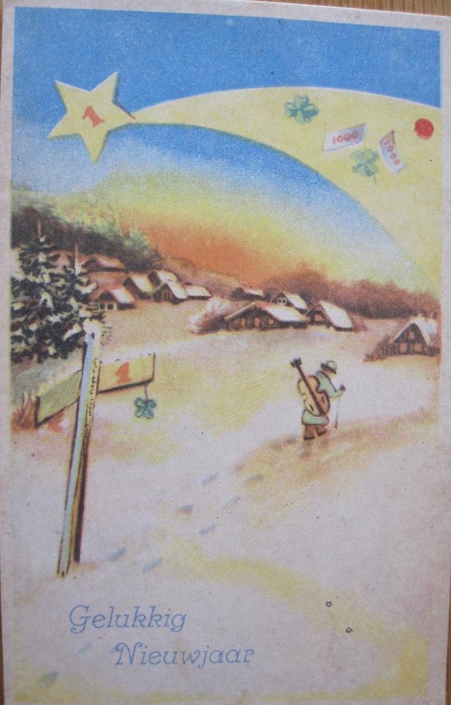 Gelukkig nieuwjaar - muzikant in de sneeuw met ster - 1945, Verzenden, 1940 tot 1960, Gelopen, Overige thema's