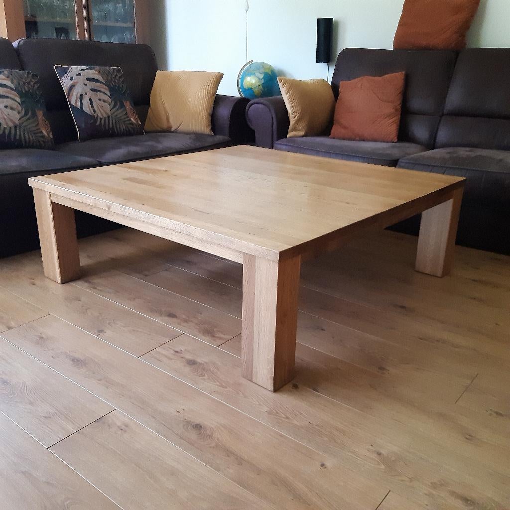 Salontafel vierkant, massief eiken 120X120 cm. 40,5 cm. hoog, Ophalen, Overige typen, Zo goed als nieuw, 100 tot 125 cm