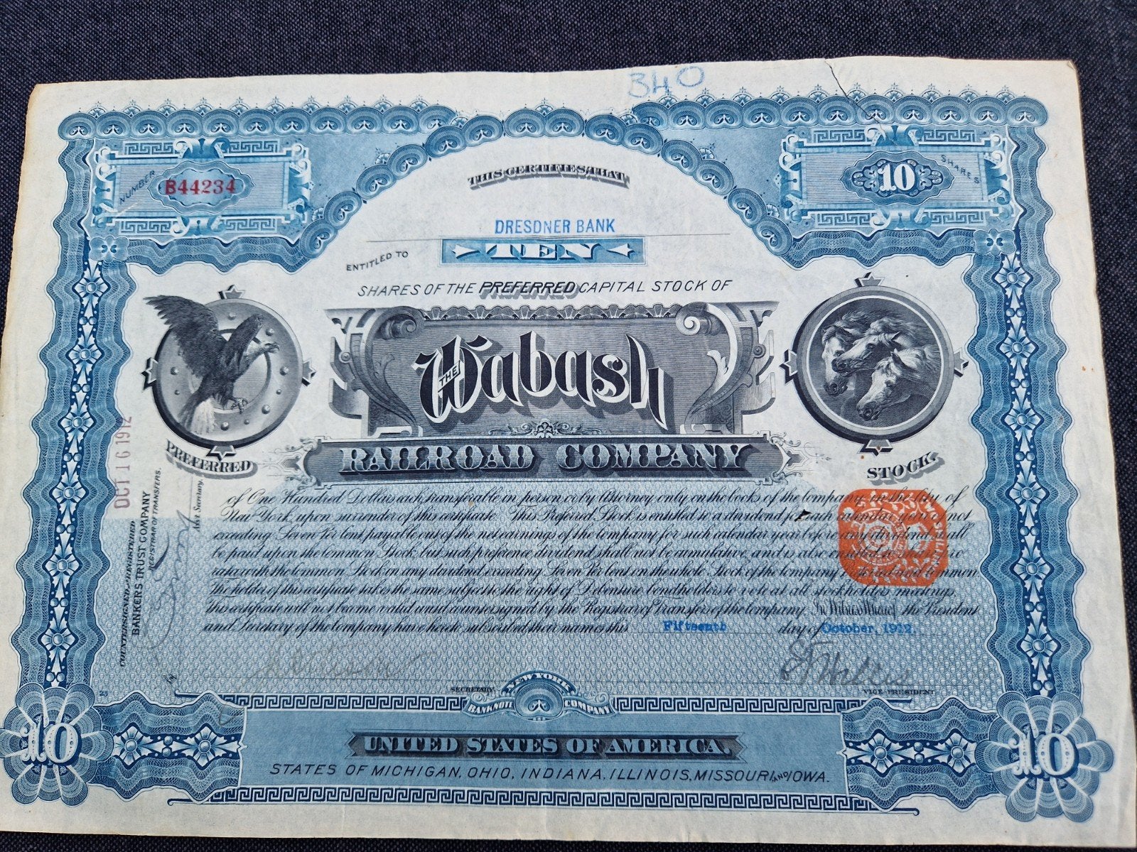 Historisch Aandeel Wabash Railroad Company 1912, Ophalen of Verzenden, Voor 1920, Aandeel