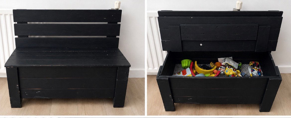 Zwart speelgoedkist bankje met panterprint binnenkant, Ophalen, Gebruikt, Minder dan 75 cm, Hout