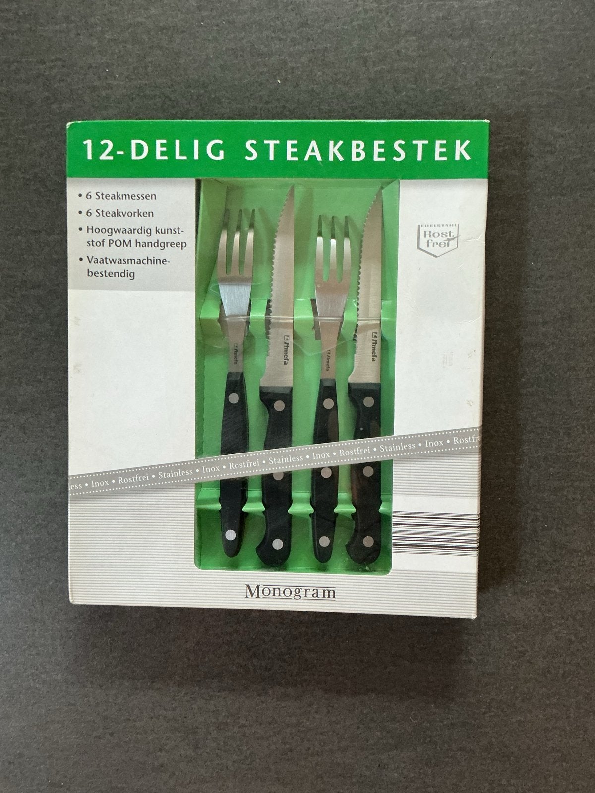 12-delig Monogram steakbestekset - Nieuw in doos - Roestvrij, Bestekset, Nieuw, Ophalen of Verzenden, Amefa
