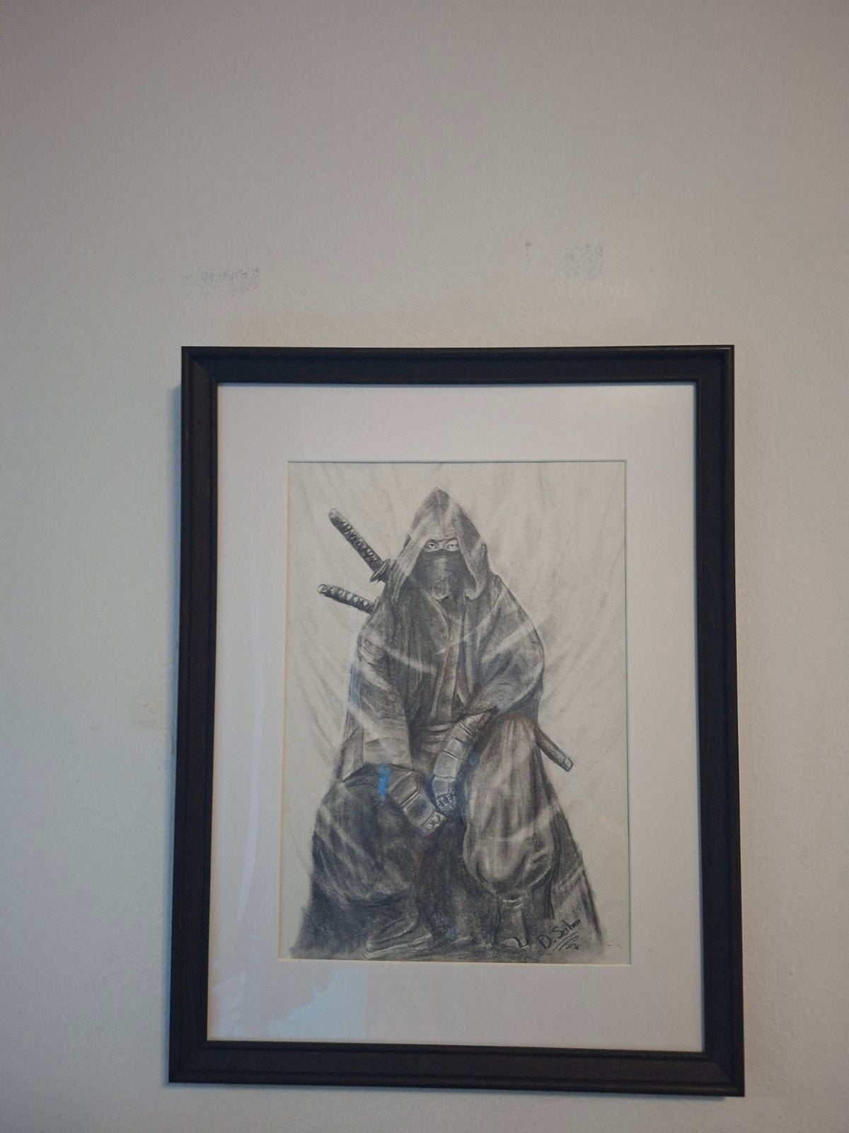Ingelijste potloodtekening van een ninja, Ophalen of Verzenden, Tekening, Potloodtekening, Gesigneerd