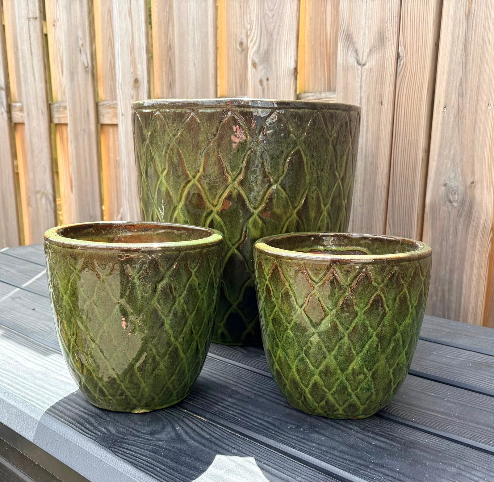 Set van 3 groene geglazuurde bloempotten (1 groot, 2 klein), Tuin en Terras, Gebruikt, Rond, Binnen, Minder dan 40 cm