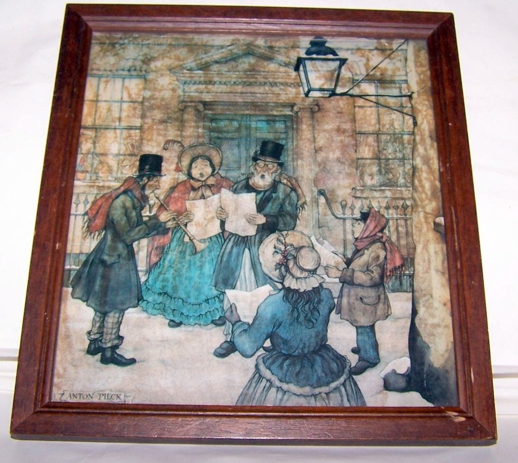 Prachtige originele prent Anton Pieck-Kerstzangers. 20x22cm., Ophalen of Verzenden, Tekening, Handgemaakt