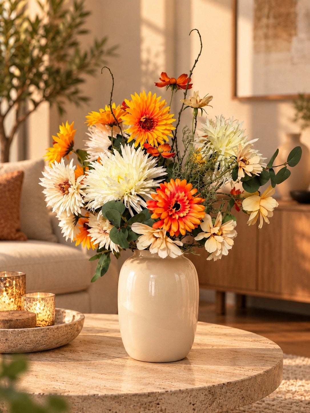 Golden Meadow luxe zijden boeket met Ivory vaas | 65 cm, Binnen, Inclusief kunstbloemen, Www.discountfashioncorner.nl, Ophalen of Verzenden