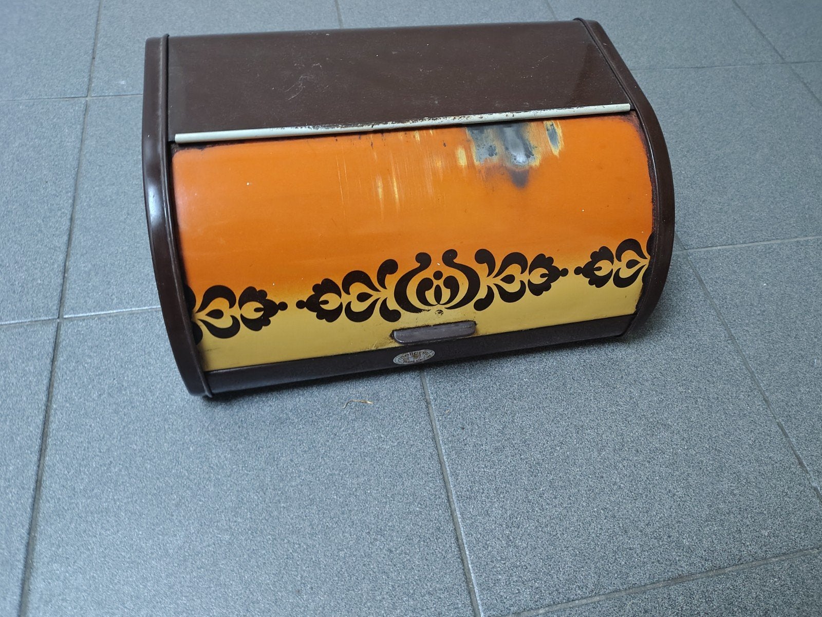 Vintage Meliconi broodtrommel - Bruin/Oranje met decor, Ophalen of Verzenden, Gebruikt