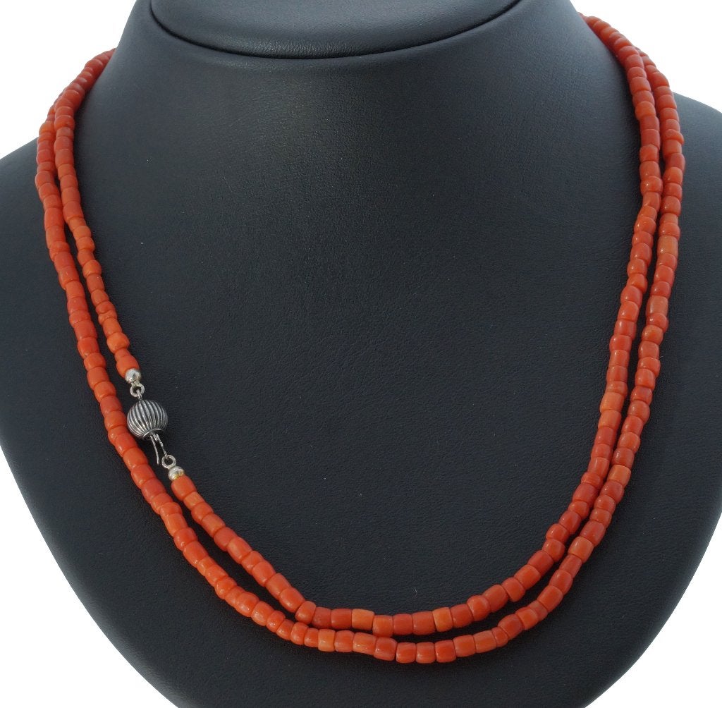 Bloedkoraal ketting vintage lang model zilver bol slot dame, Ophalen of Verzenden, Zilver, Ketting, Met edelsteen
