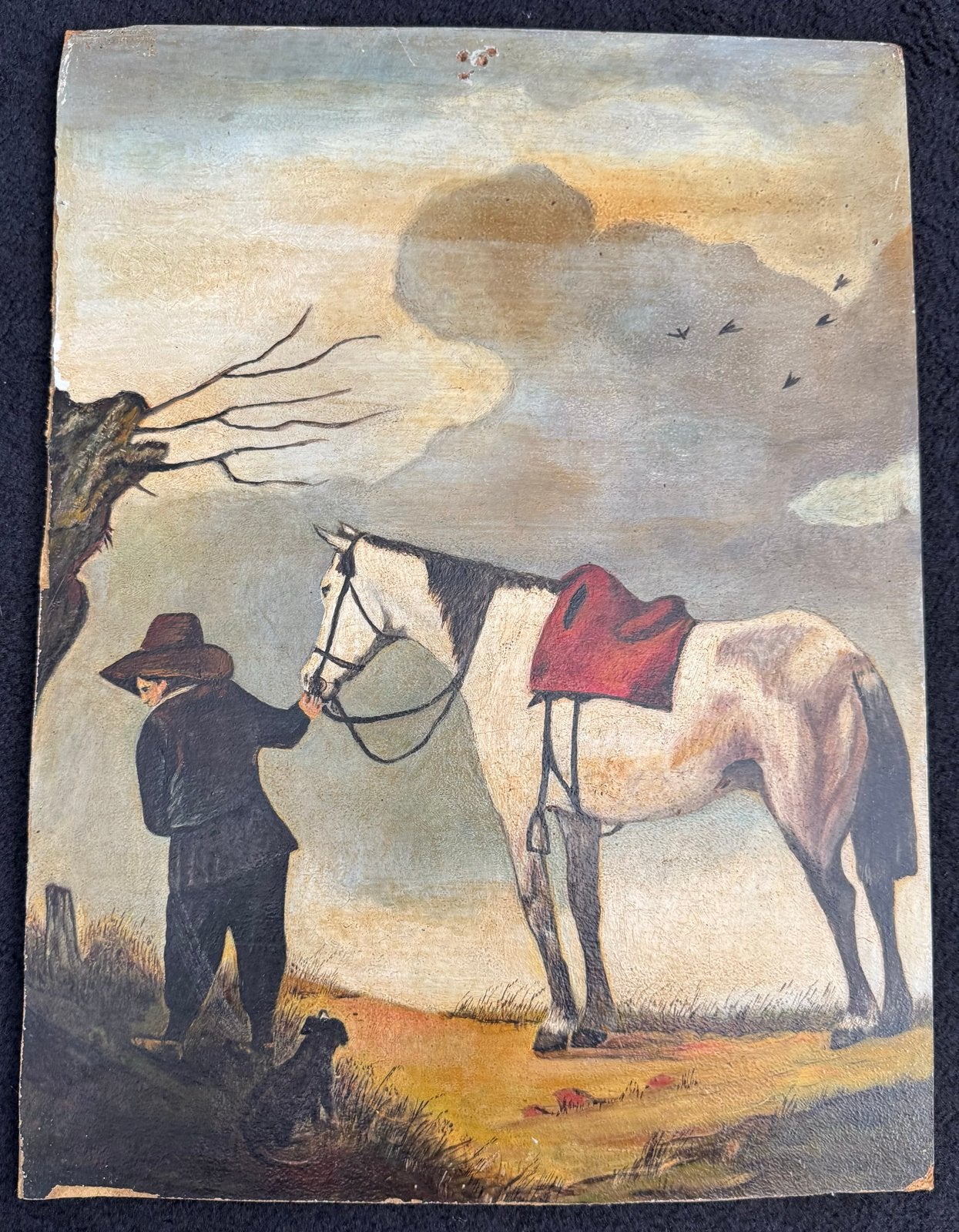 Oud schilderij: Man met paard en hond, Antiek en Kunst, Kunst | Schilderijen | Klassiek, Paneel, Portret of Personen, Realistisch