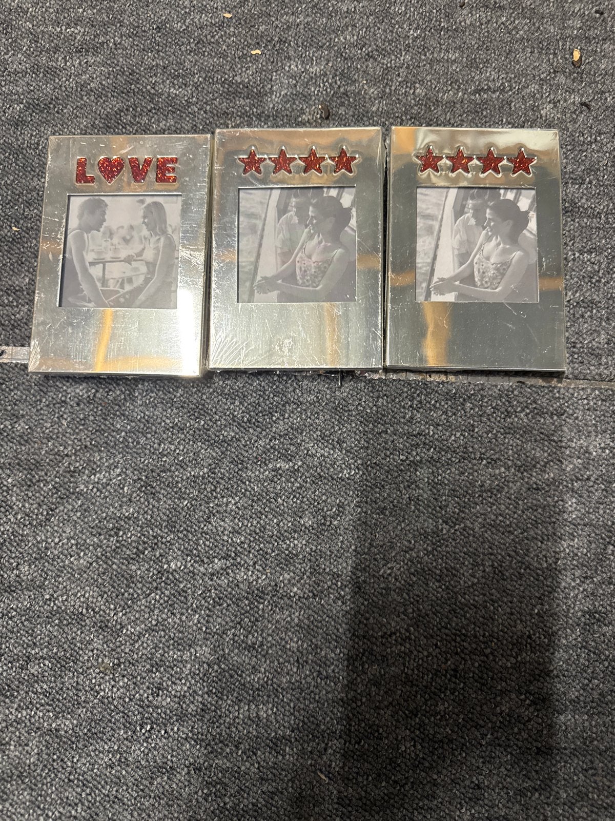Set van 3 zilverkleurige fotolijstjes met decoratie, Gebruikt, Ophalen of Verzenden, Fotolijst, Met afbeelding