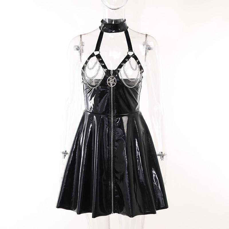 Zwarte kunstleren gothic jurk dames vrouwen wetlook lakleer, Maat 38/40 (M), Verzenden, Zwart, Nieuw