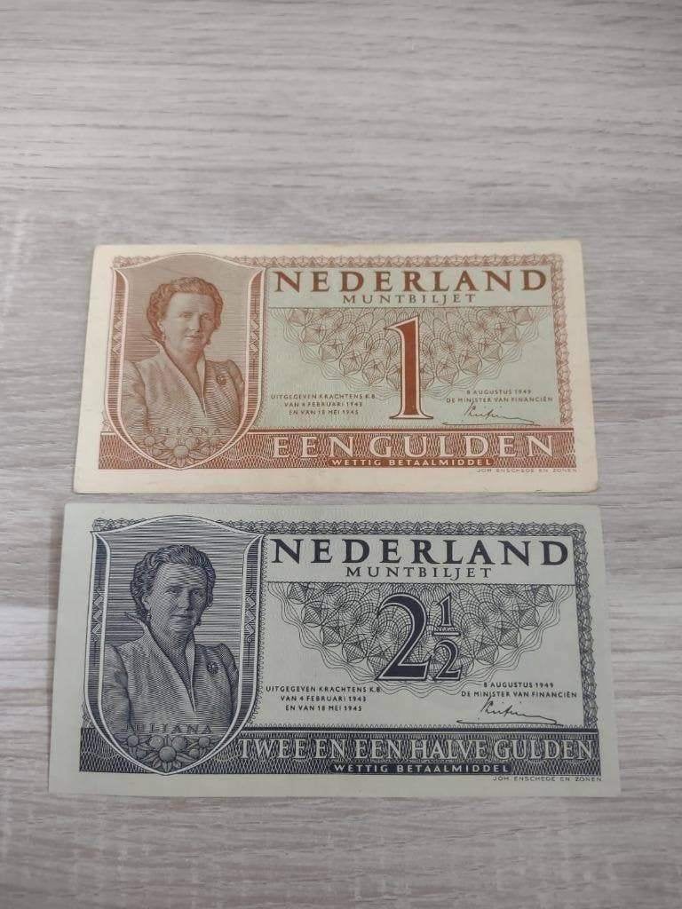 Setje Prachtige muntbiljetten 1949, 1 en 2,5 gulden Juliana, Postzegels en Munten, Bankbiljetten | Nederland, Ophalen of Verzenden