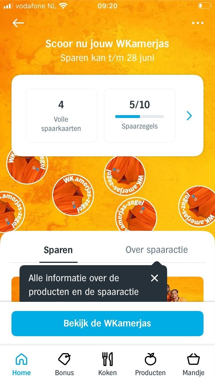 WK Kamerjas AH zegels - per volle spaarkaart, Hobby en Vrije tijd, Spaarzegeltjes, Ophalen of Verzenden, Winkel, Super of Benzinepomp