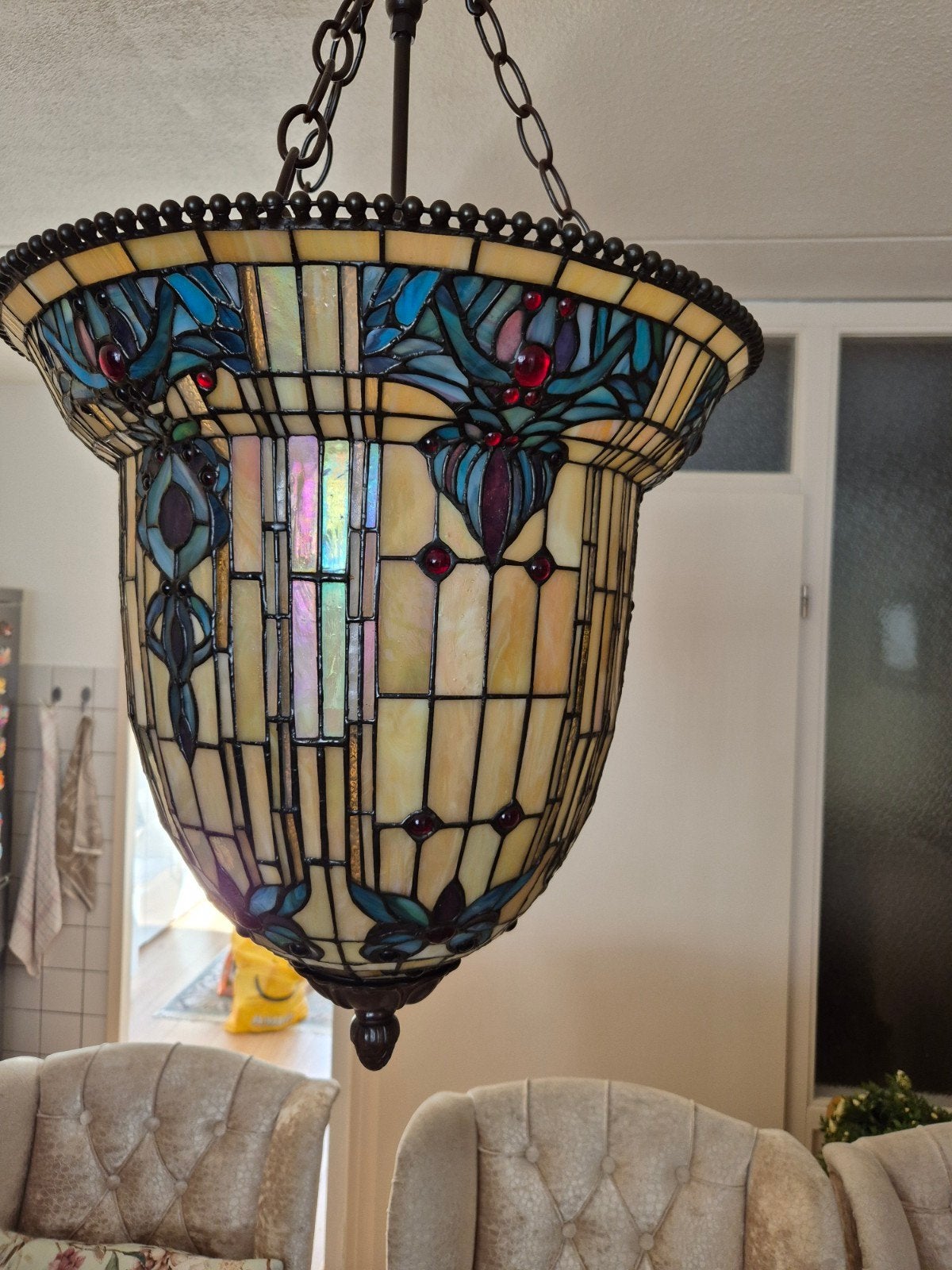 Grote Oude Tiffany Hanglamp - Perfecte Staat, 3 Fittingen, Ophalen, E27 (groot), Glas, Tiffany, Art Nouveau