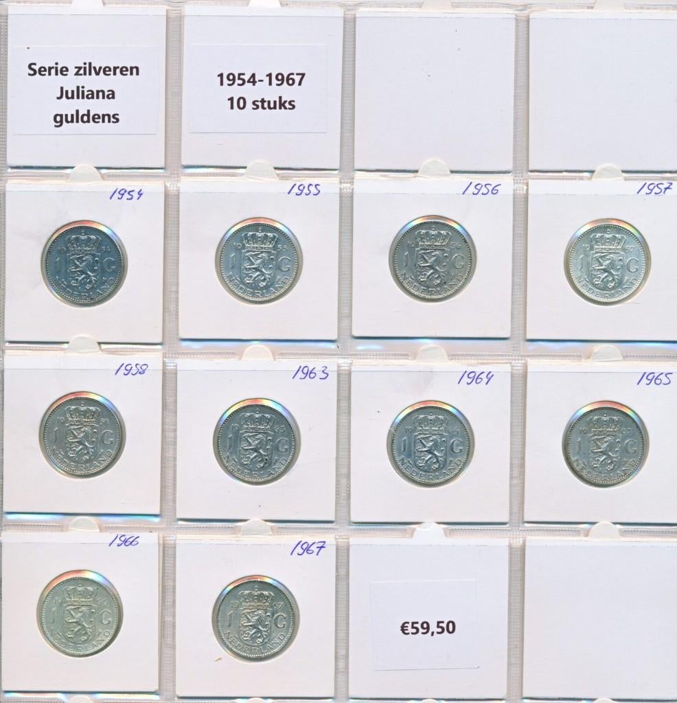 NL complete set 1954-1967 zilveren Juliana guldens 10pcs, Postzegels en Munten, Munten | Nederland, Setje, 1 gulden, Koningin Juliana