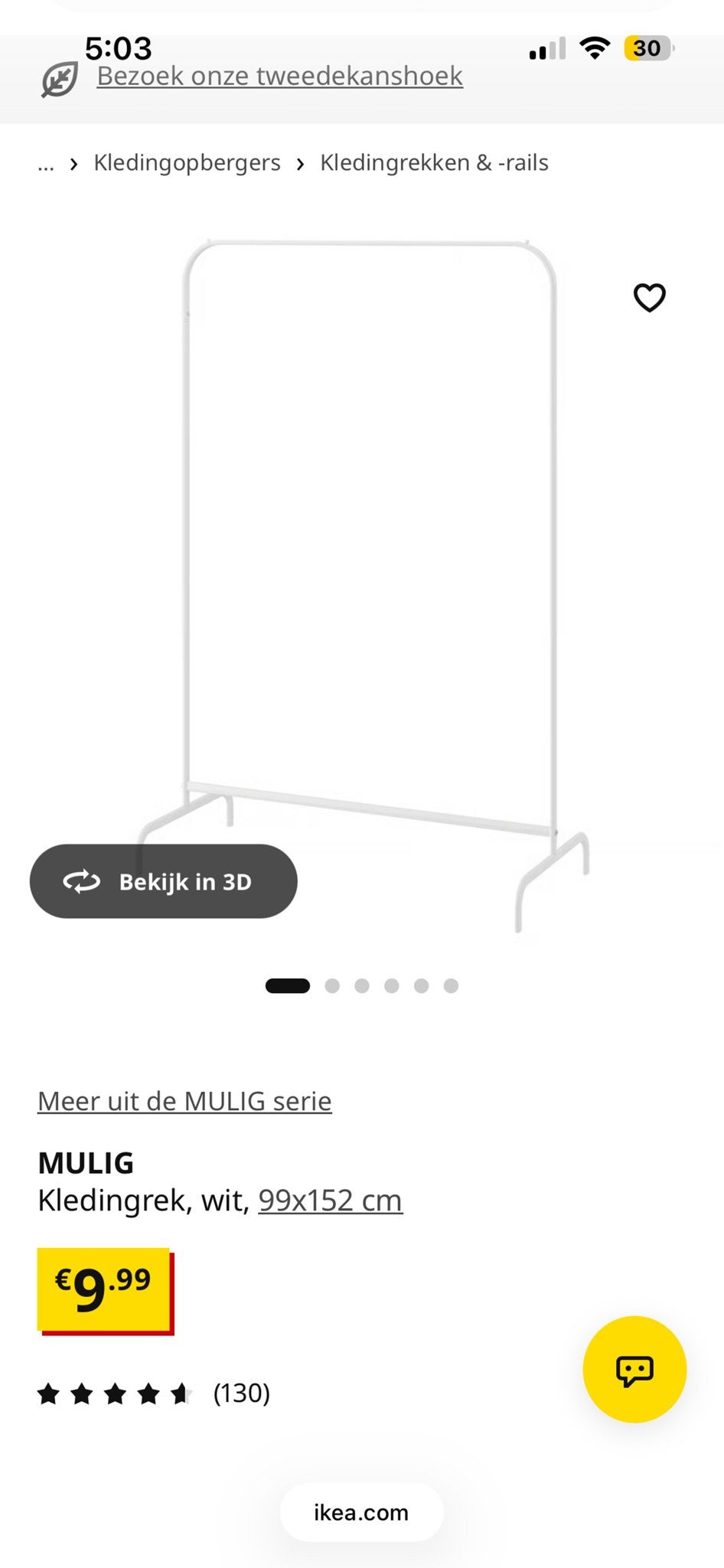 MULIG Kledingrek wit, 99x152 cm, Ophalen, Zo goed als nieuw