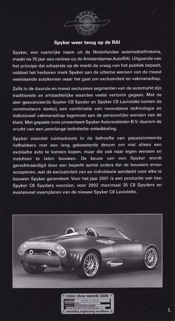 Spyker Automobielen BV, persbericht, AutoRai febr. 2001, Ophalen of Verzenden, Gelezen, Algemeen
