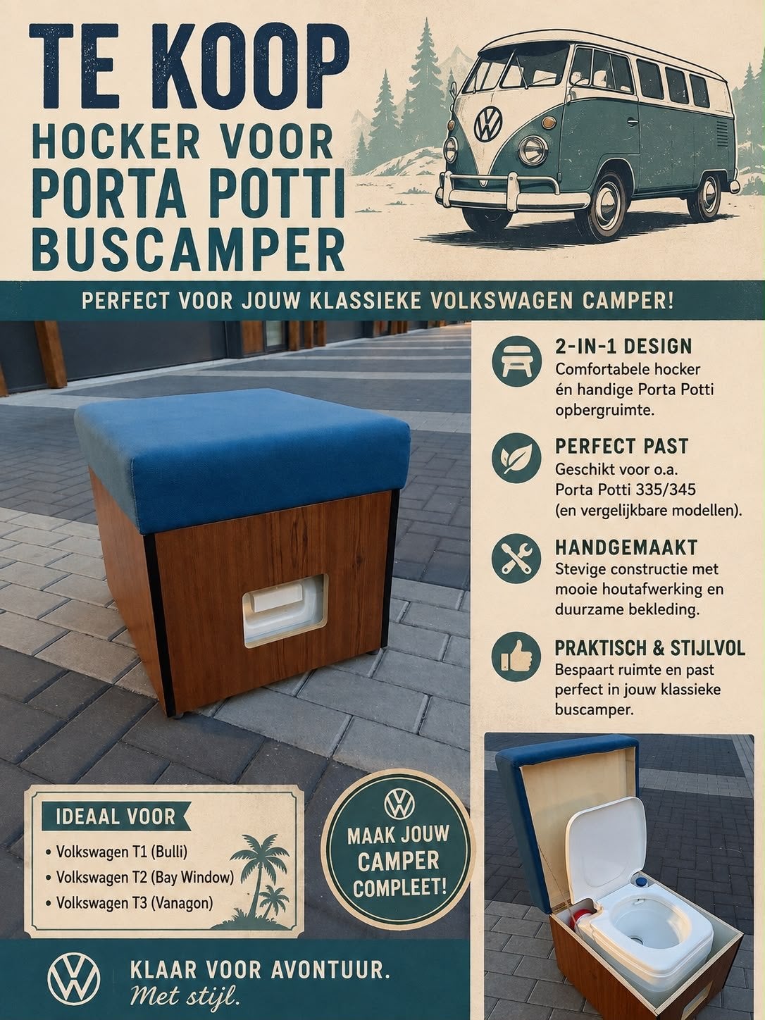 Hocker met Porta Potti voor Buscamper - VW T1,T2 of T3, Ophalen, Zo goed als nieuw