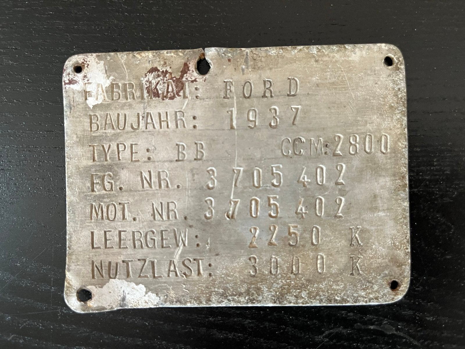 Duits typeplaatje Ford BB vrachtauto 1937 - Origineel, Ophalen of Verzenden, Gebruikt, Ford