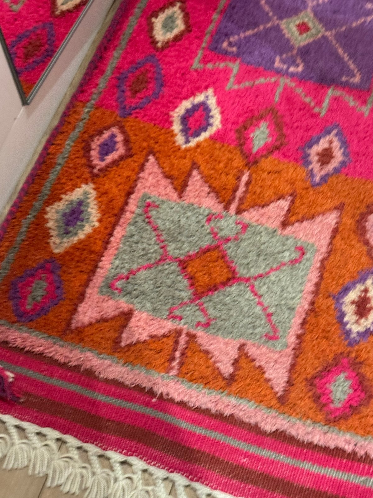 HKliving Wollen Runner Roze Multicolour Vloerkleed, Zo goed als nieuw, 150 tot 200 cm, Rechthoekig, Rood