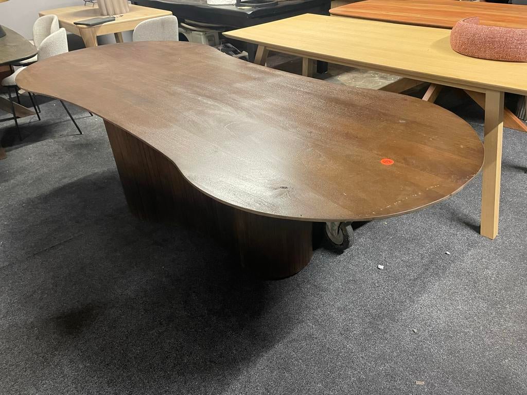 Unieke organische houten eettafel 250x100 met midden poot, Ophalen, 100 tot 150 cm, Vijf personen of meer, Overige vormen